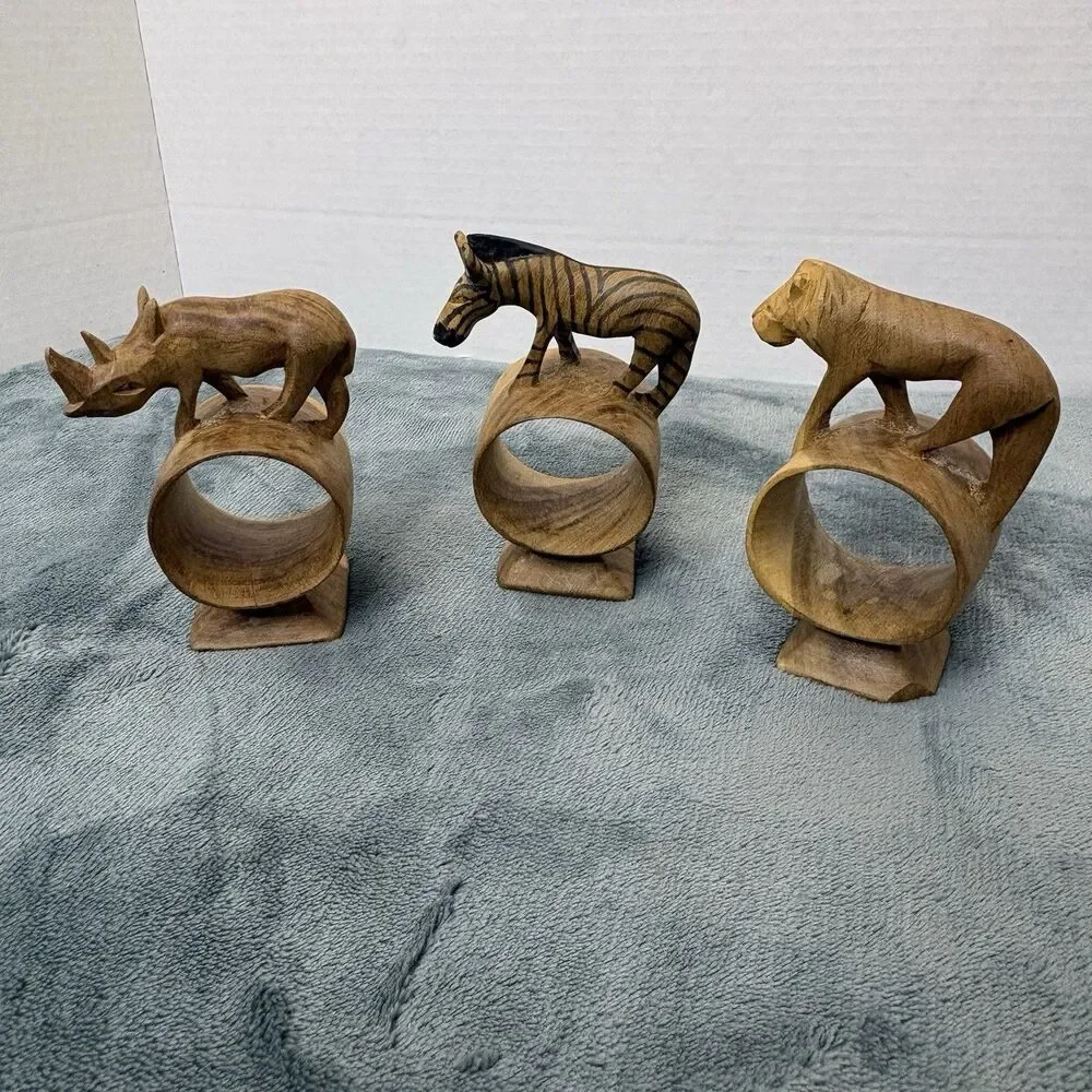 Set Of 3 African Safari Hand Carved Wooden Napkin Rings Vintage